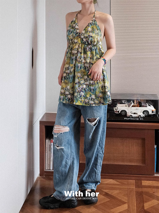 Original Halter Neck Backless Floral Top