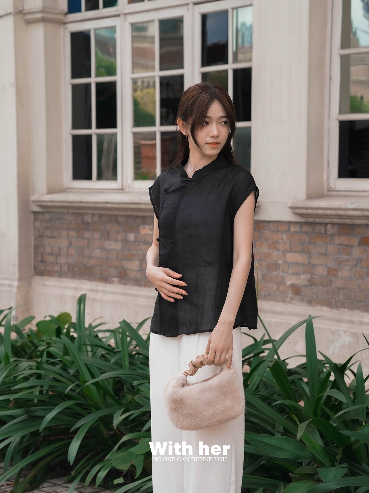 Black Cotton-Linen Mandarin Collar Top