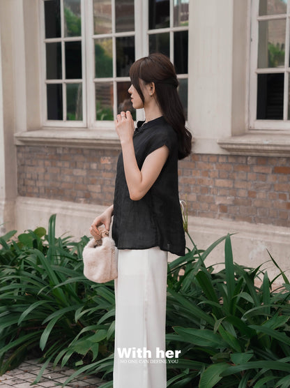 Black Cotton-Linen Mandarin Collar Top