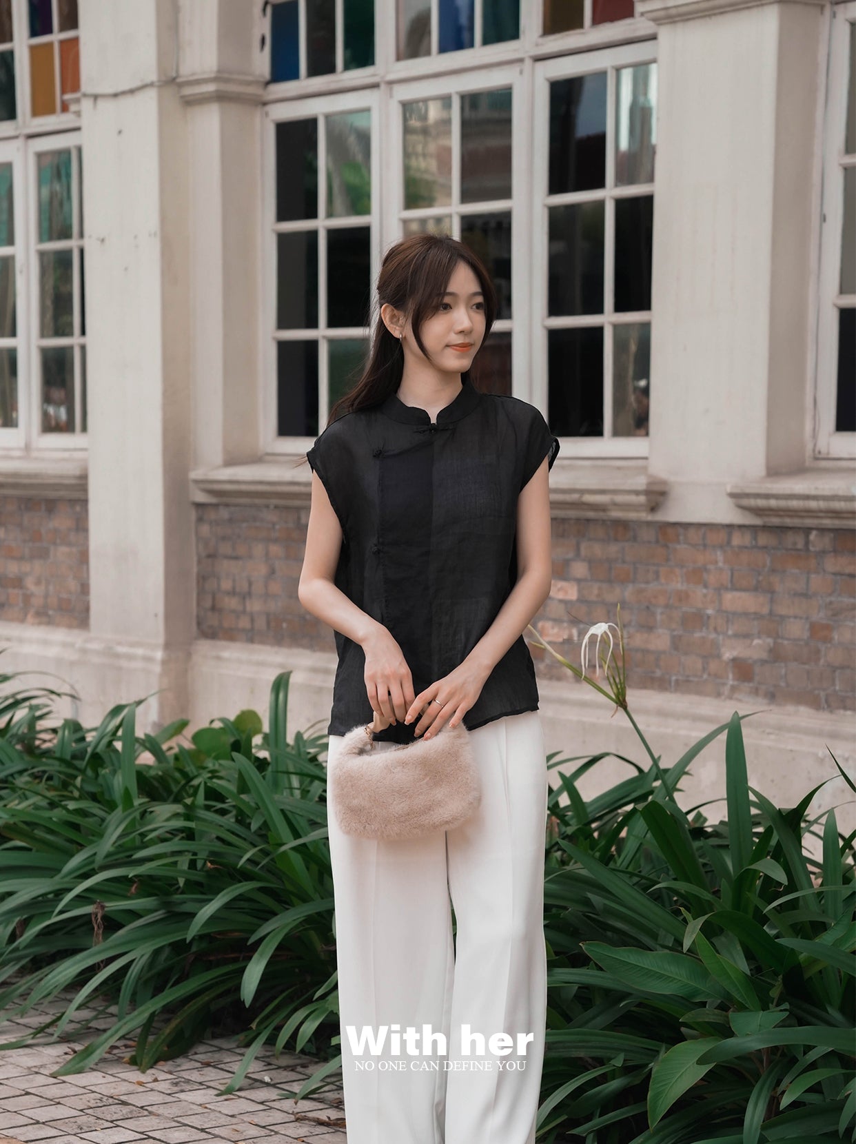 Black Cotton-Linen Mandarin Collar Top