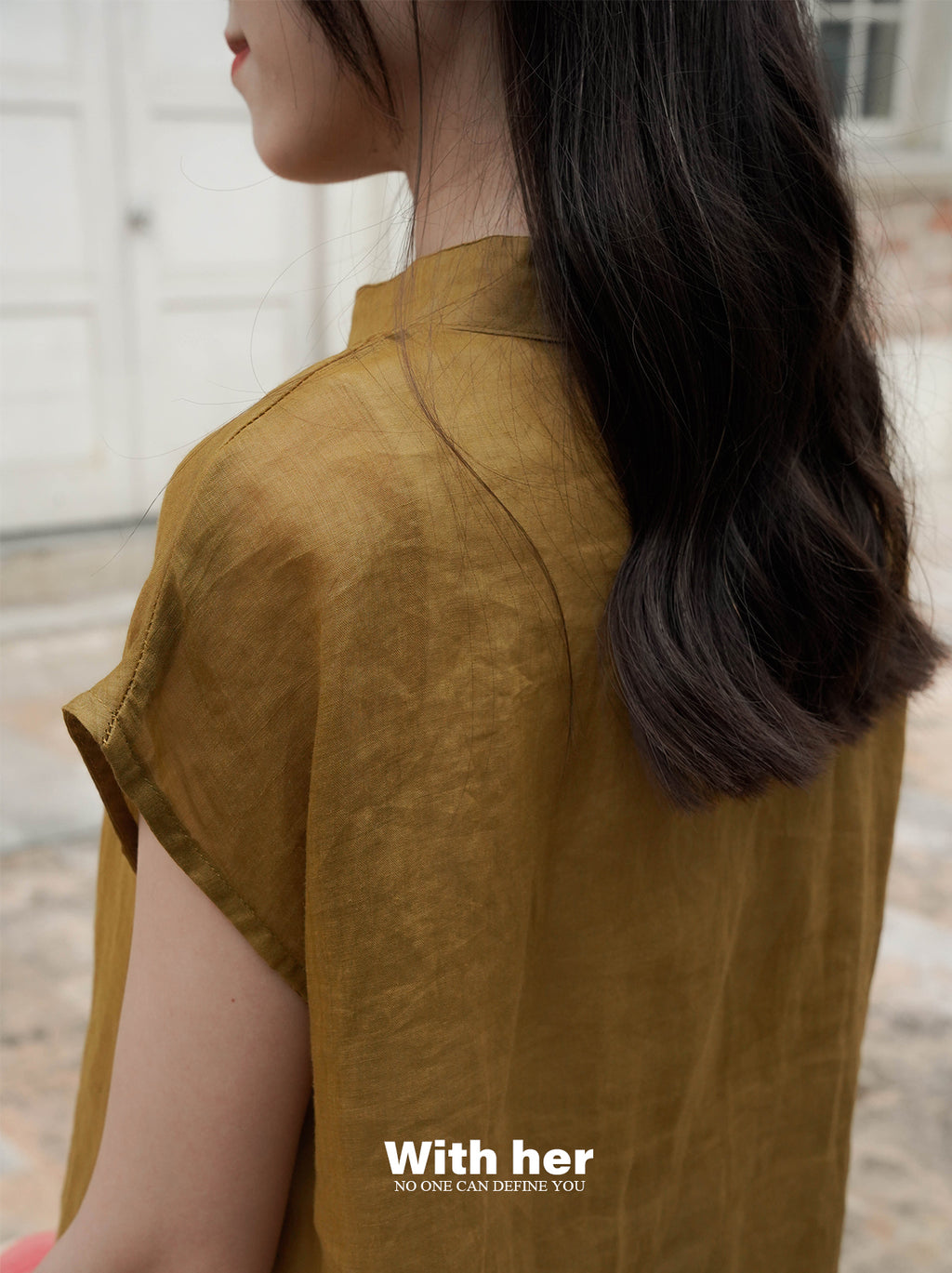 Beige Cotton-Linen Mandarin Collar Top