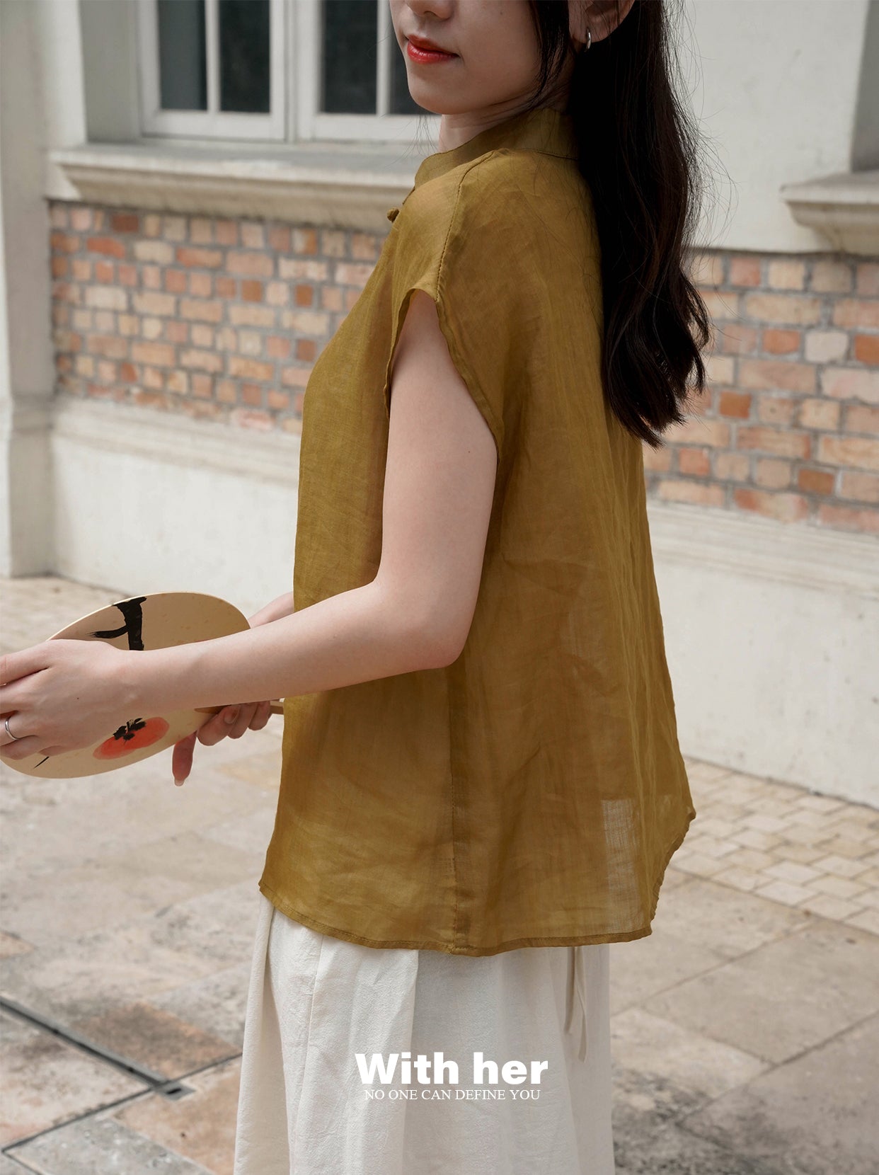 Beige Cotton-Linen Mandarin Collar Top