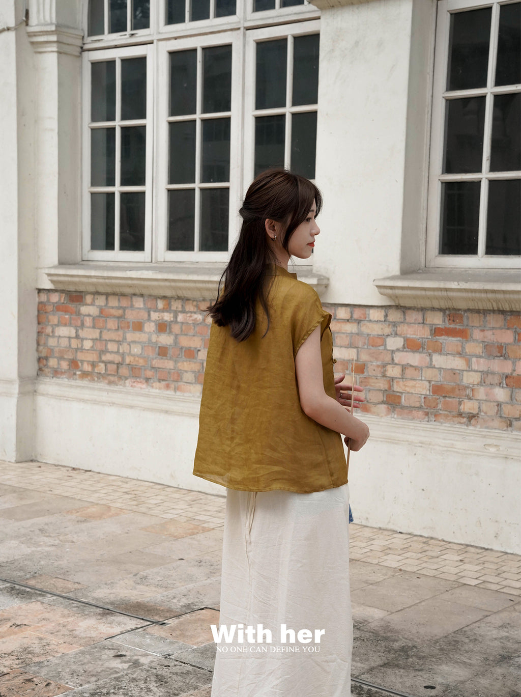Beige Cotton-Linen Mandarin Collar Top