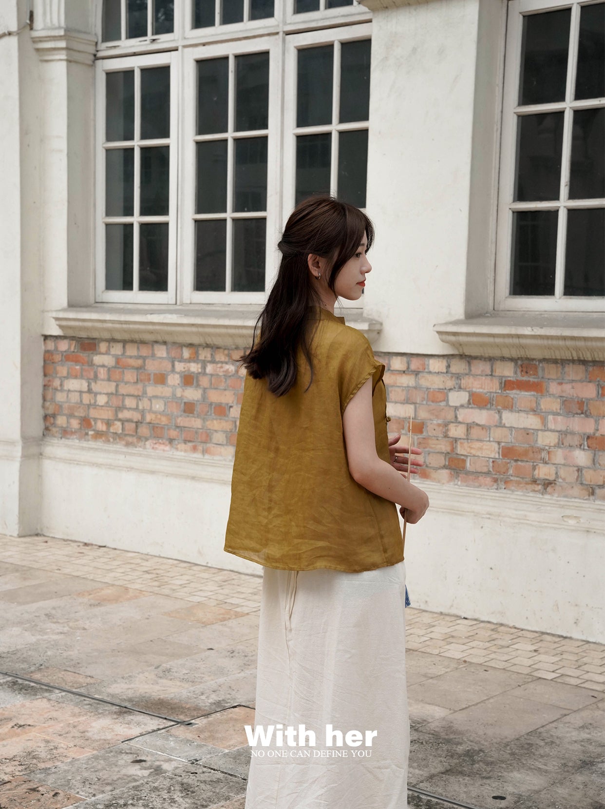 Beige Cotton-Linen Mandarin Collar Top