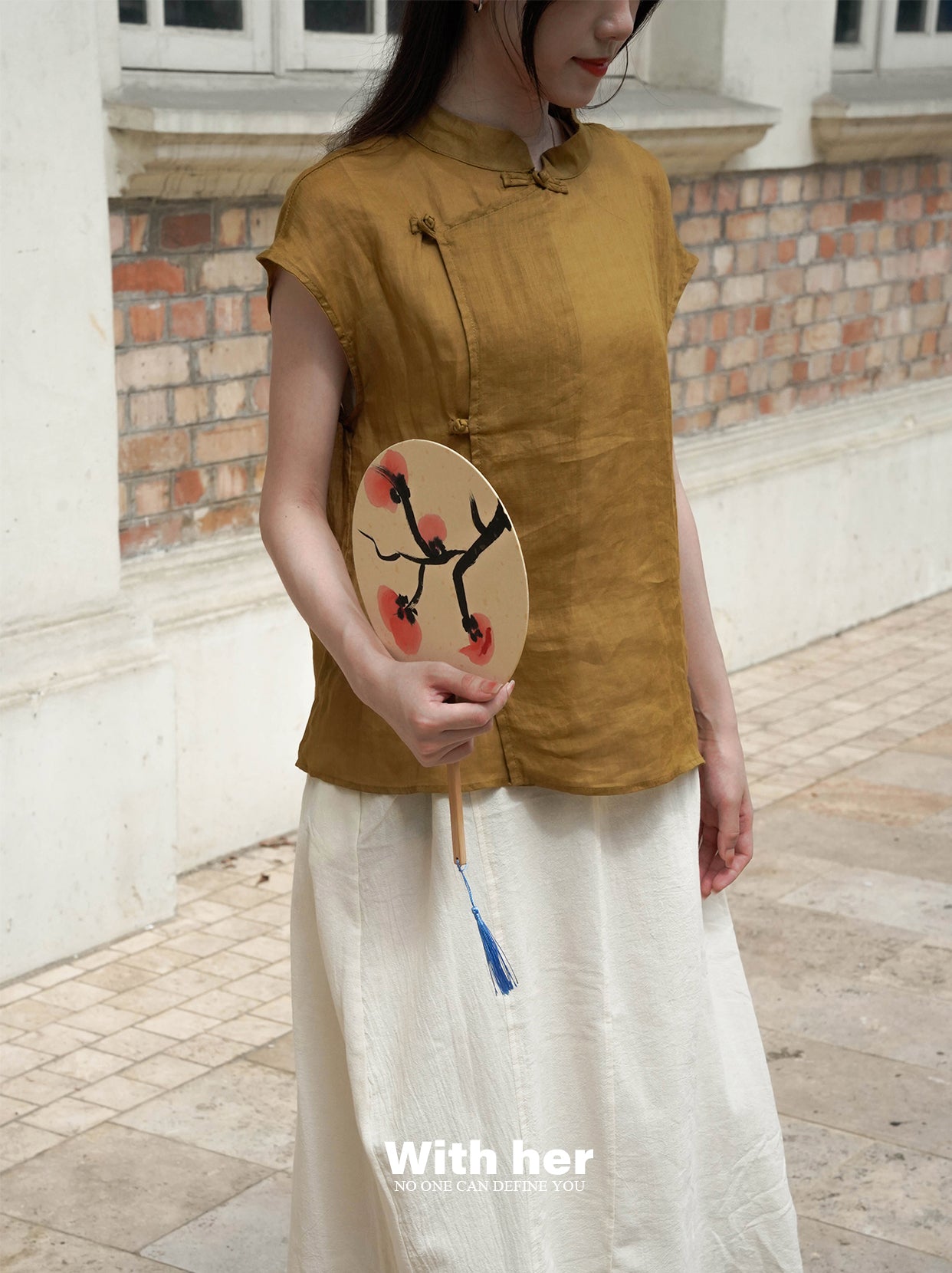 Beige Cotton-Linen Mandarin Collar Top