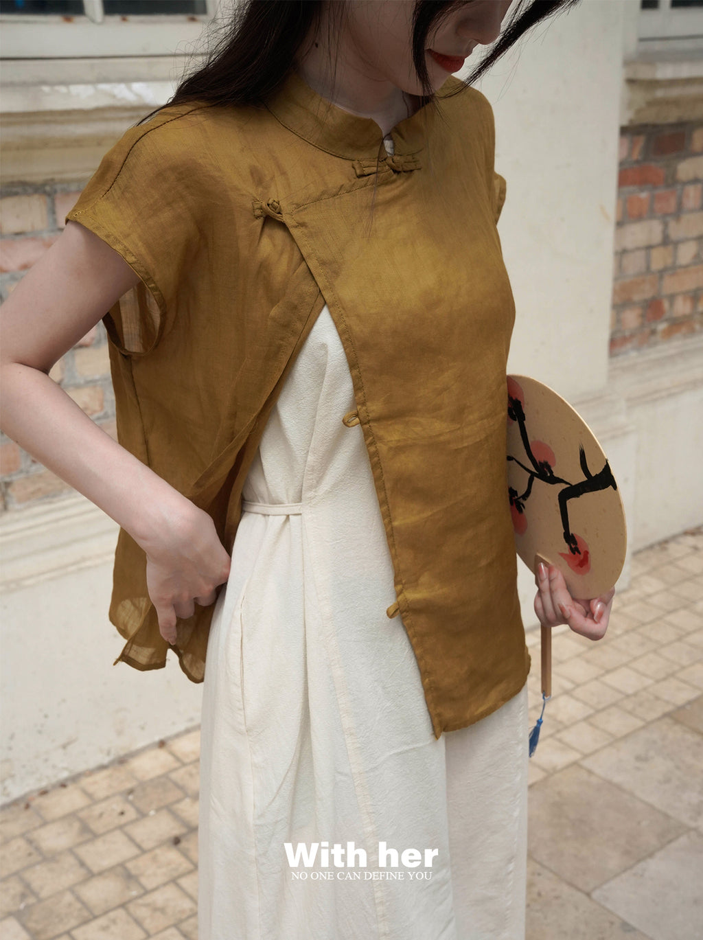Beige Cotton-Linen Mandarin Collar Top
