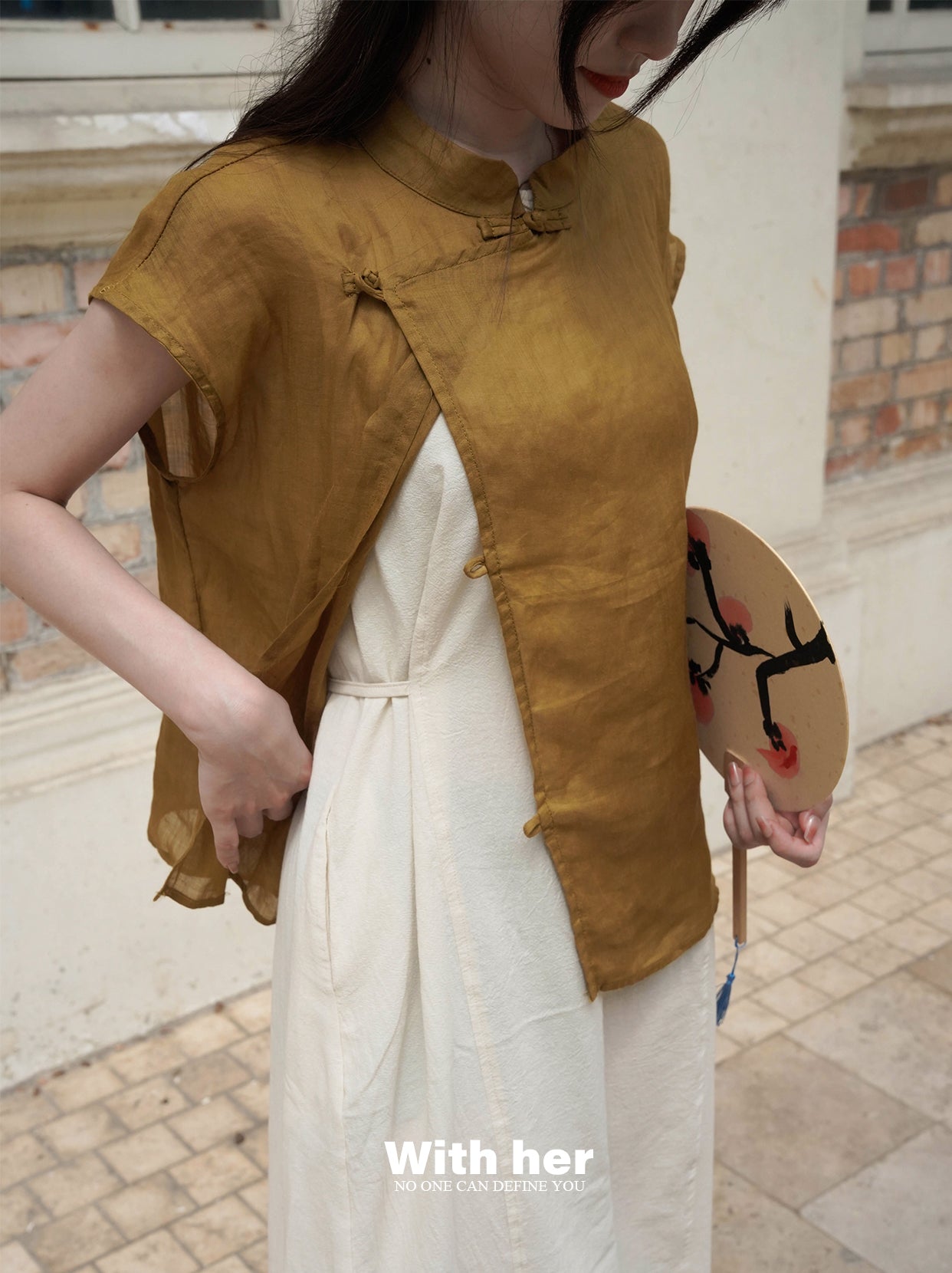 Beige Cotton-Linen Mandarin Collar Top