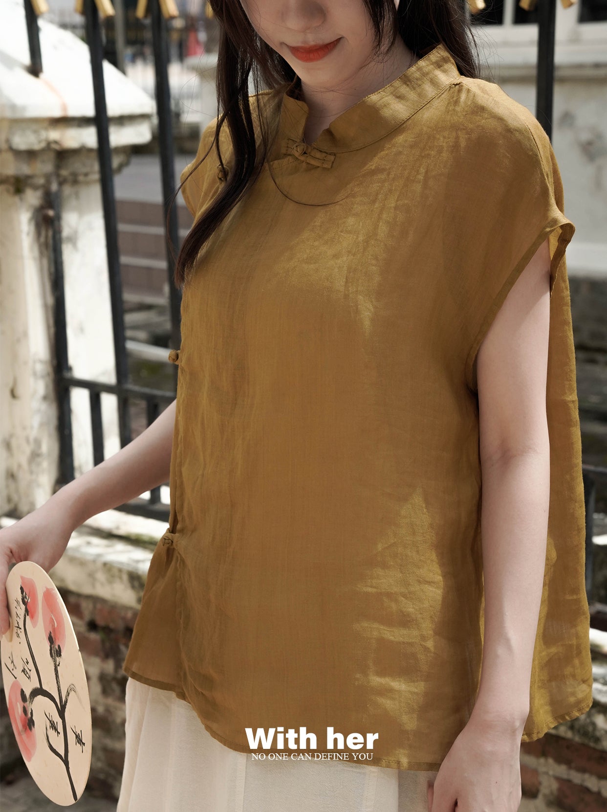 Beige Cotton-Linen Mandarin Collar Top