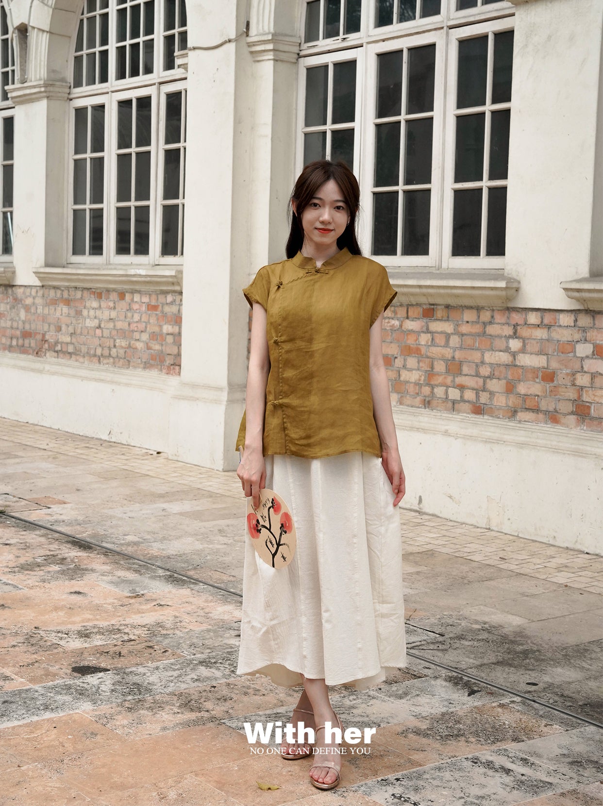 Beige Cotton-Linen Mandarin Collar Top