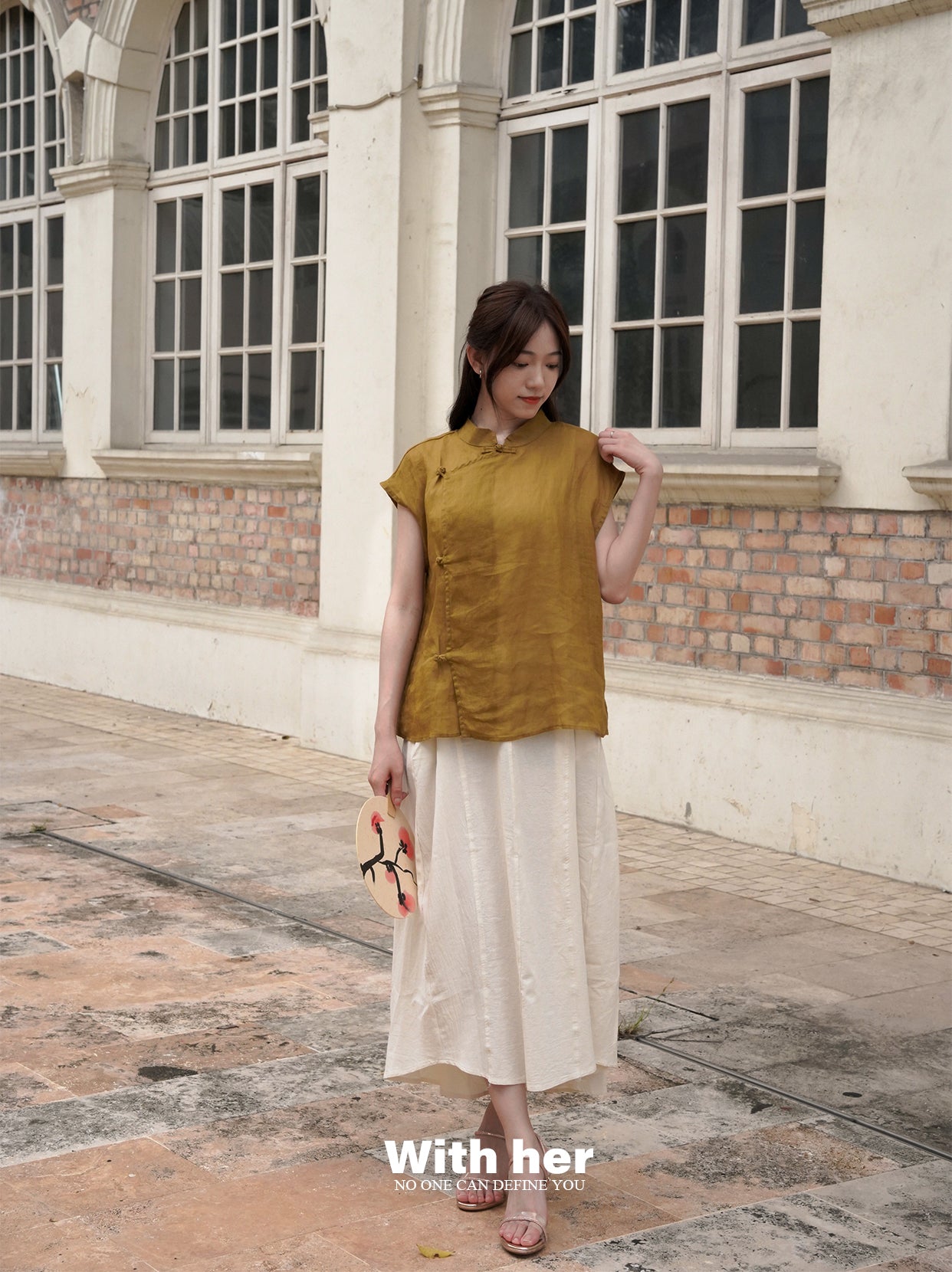 Beige Cotton-Linen Mandarin Collar Top