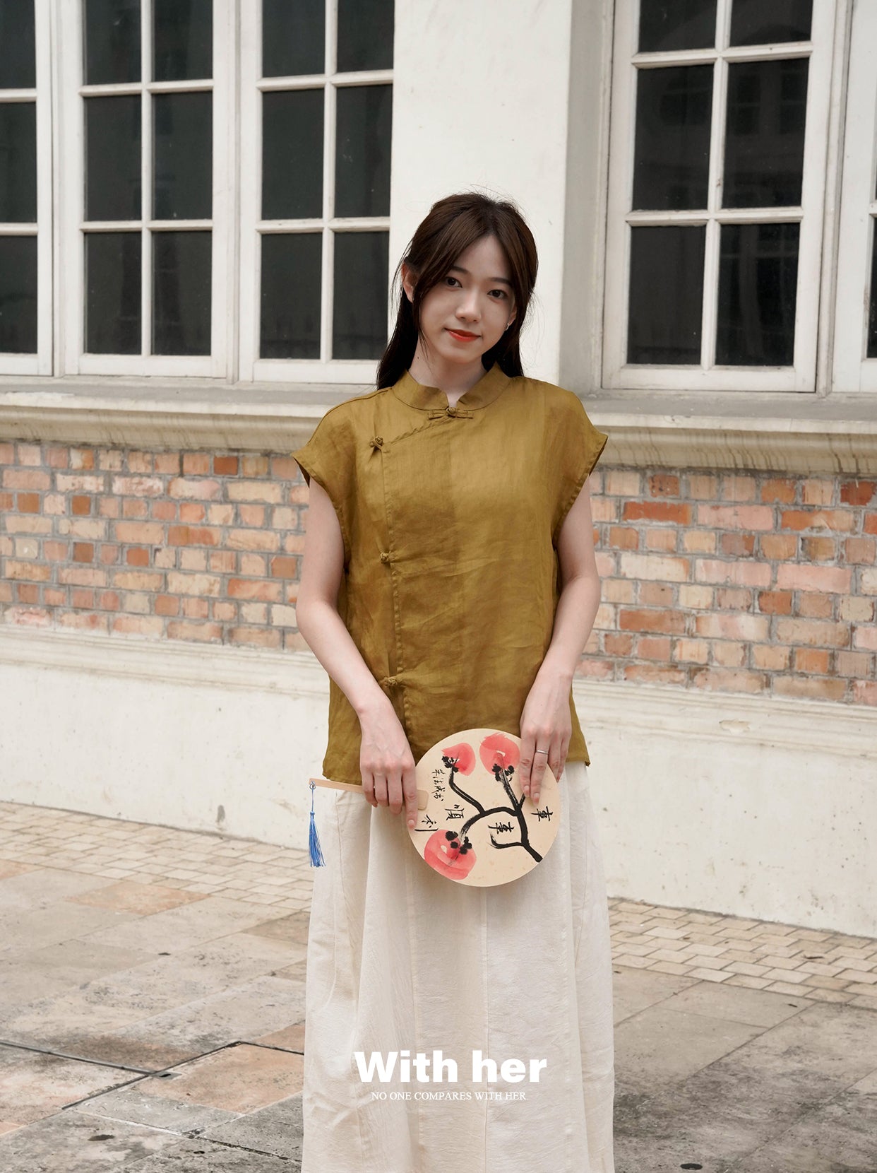 Beige Cotton-Linen Mandarin Collar Top
