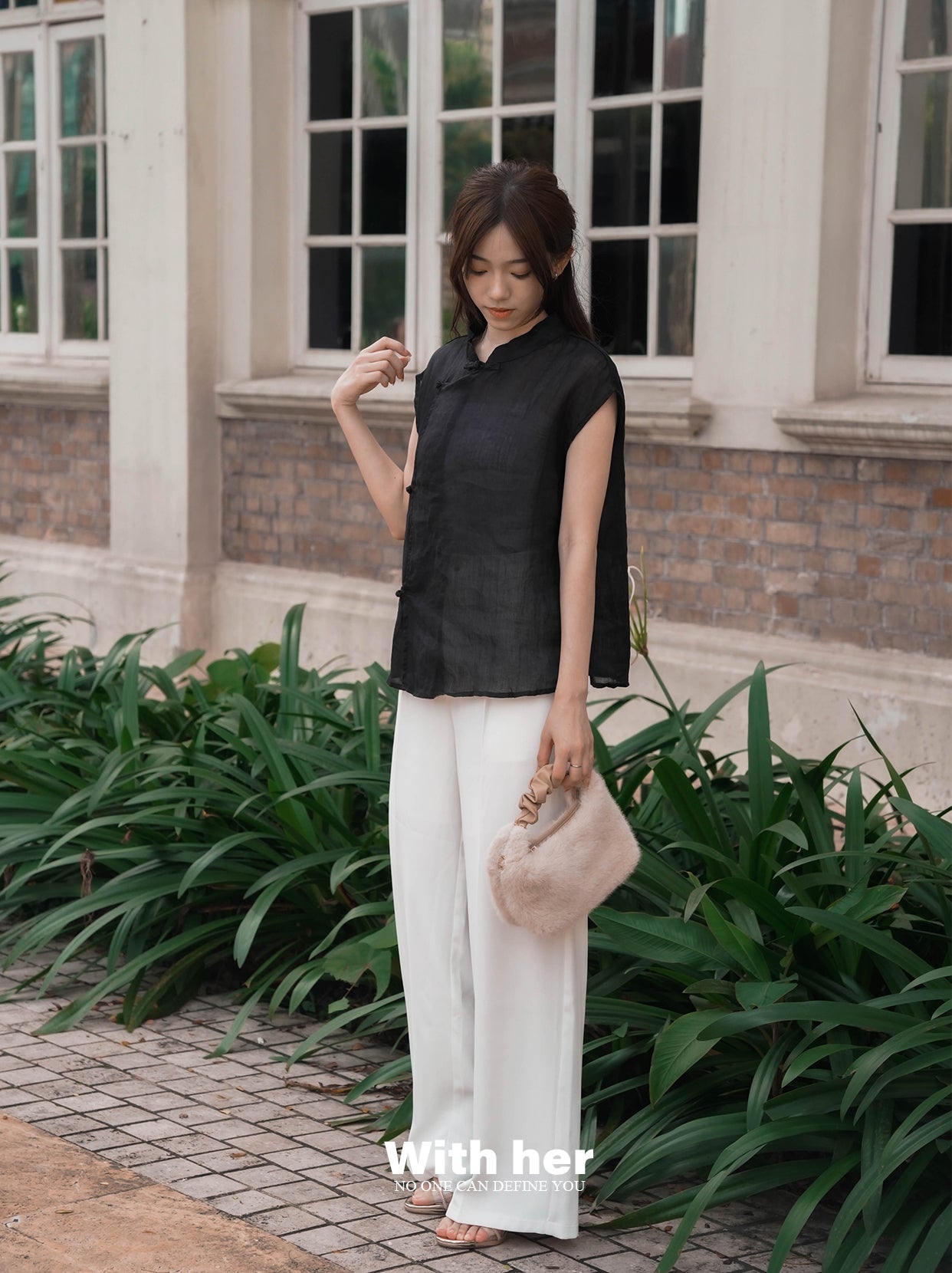 Black Cotton-Linen Mandarin Collar Top