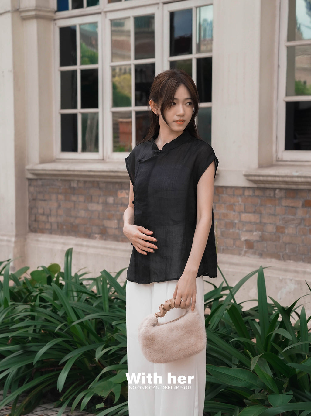 Black Cotton-Linen Mandarin Collar Top