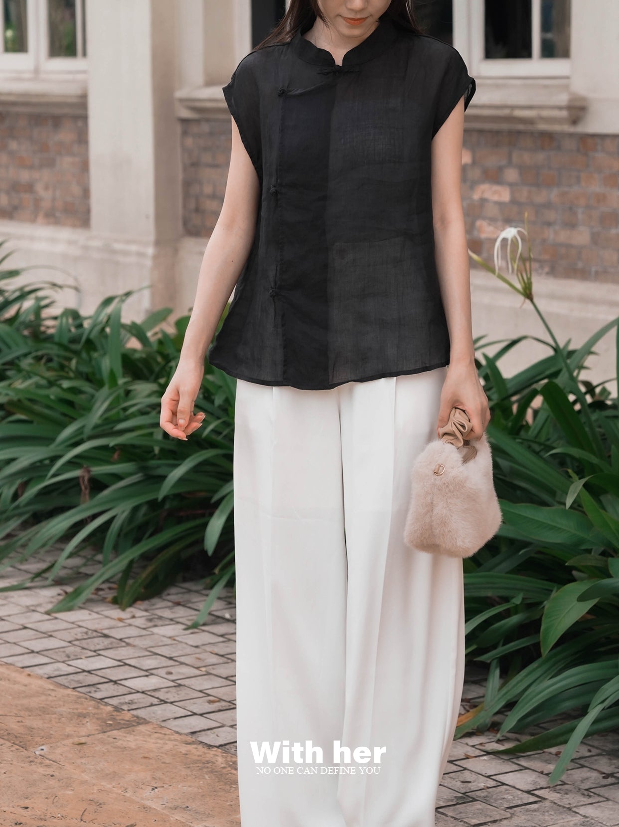 Black Cotton-Linen Mandarin Collar Top