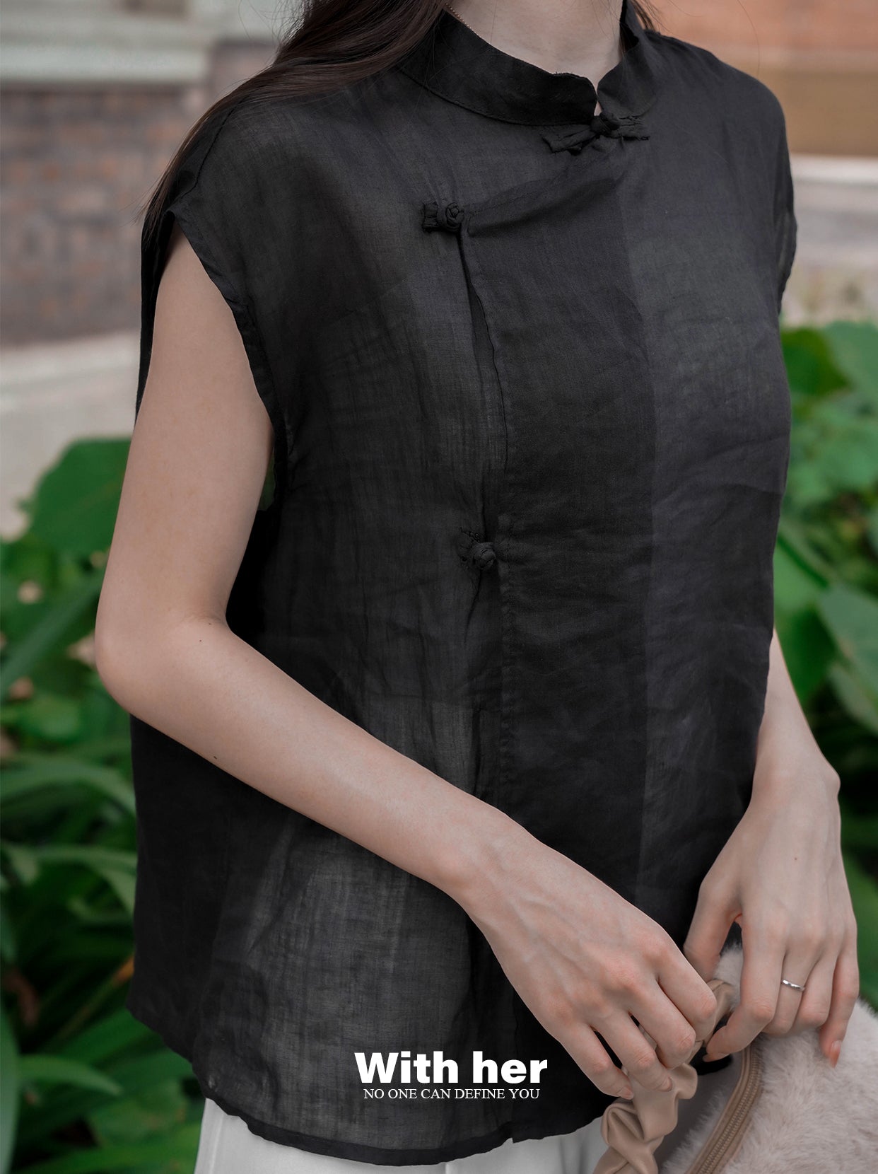Black Cotton-Linen Mandarin Collar Top