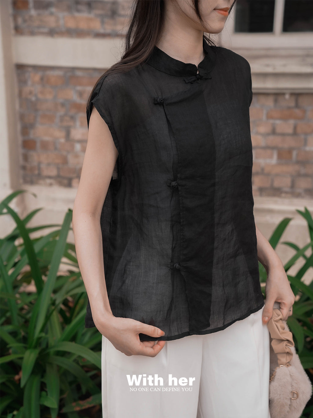 Black Cotton-Linen Mandarin Collar Top