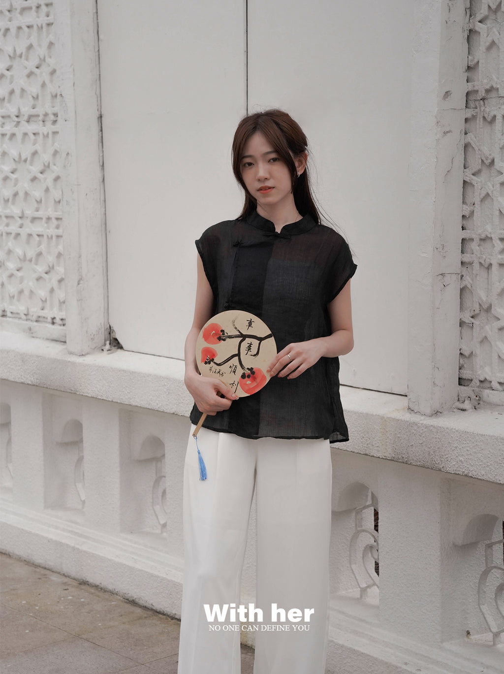 Black Cotton-Linen Mandarin Collar Top