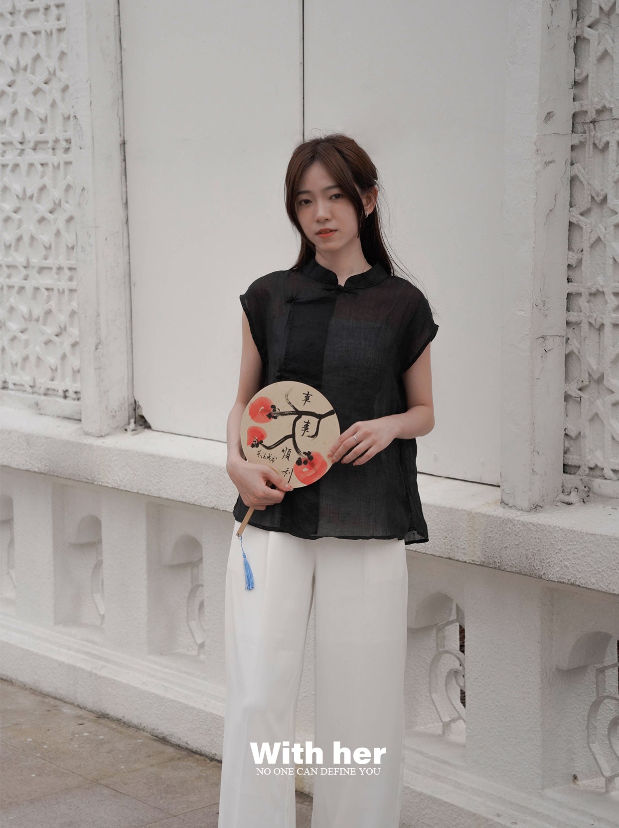 Black Cotton-Linen Mandarin Collar Top