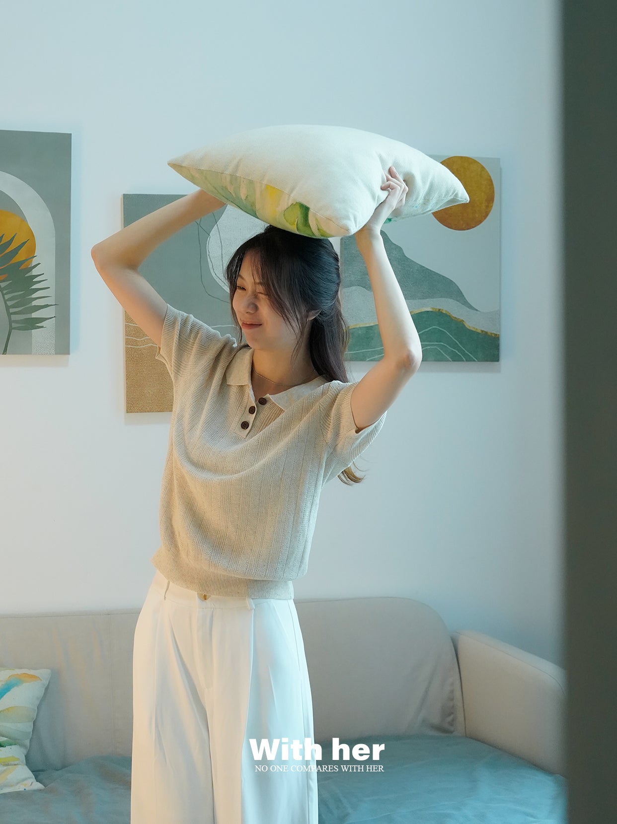 Soft Beige Knit Collar Shirt