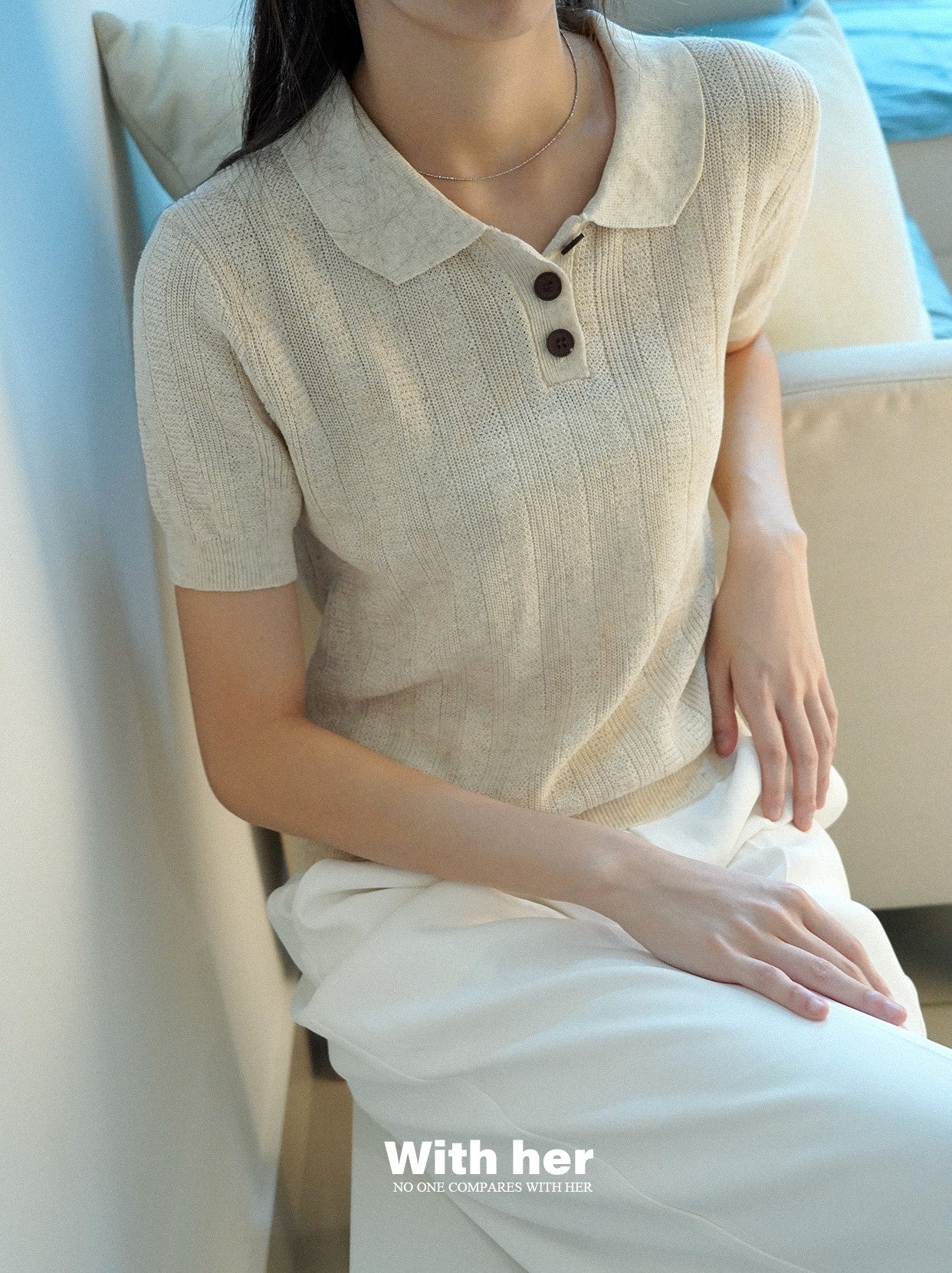 Soft Beige Knit Collar Shirt