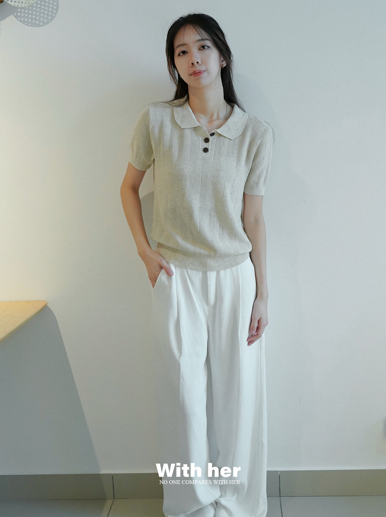 Soft Beige Knit Collar Shirt