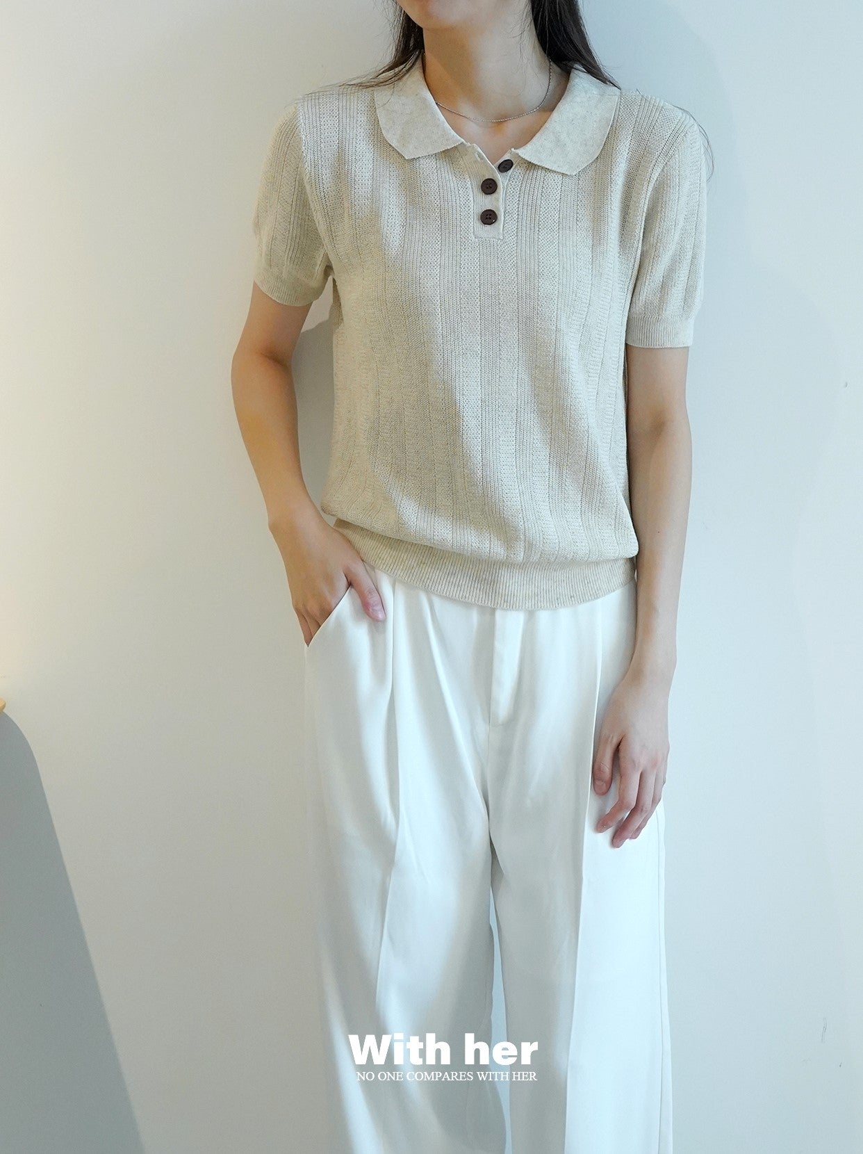 Soft Beige Knit Collar Shirt